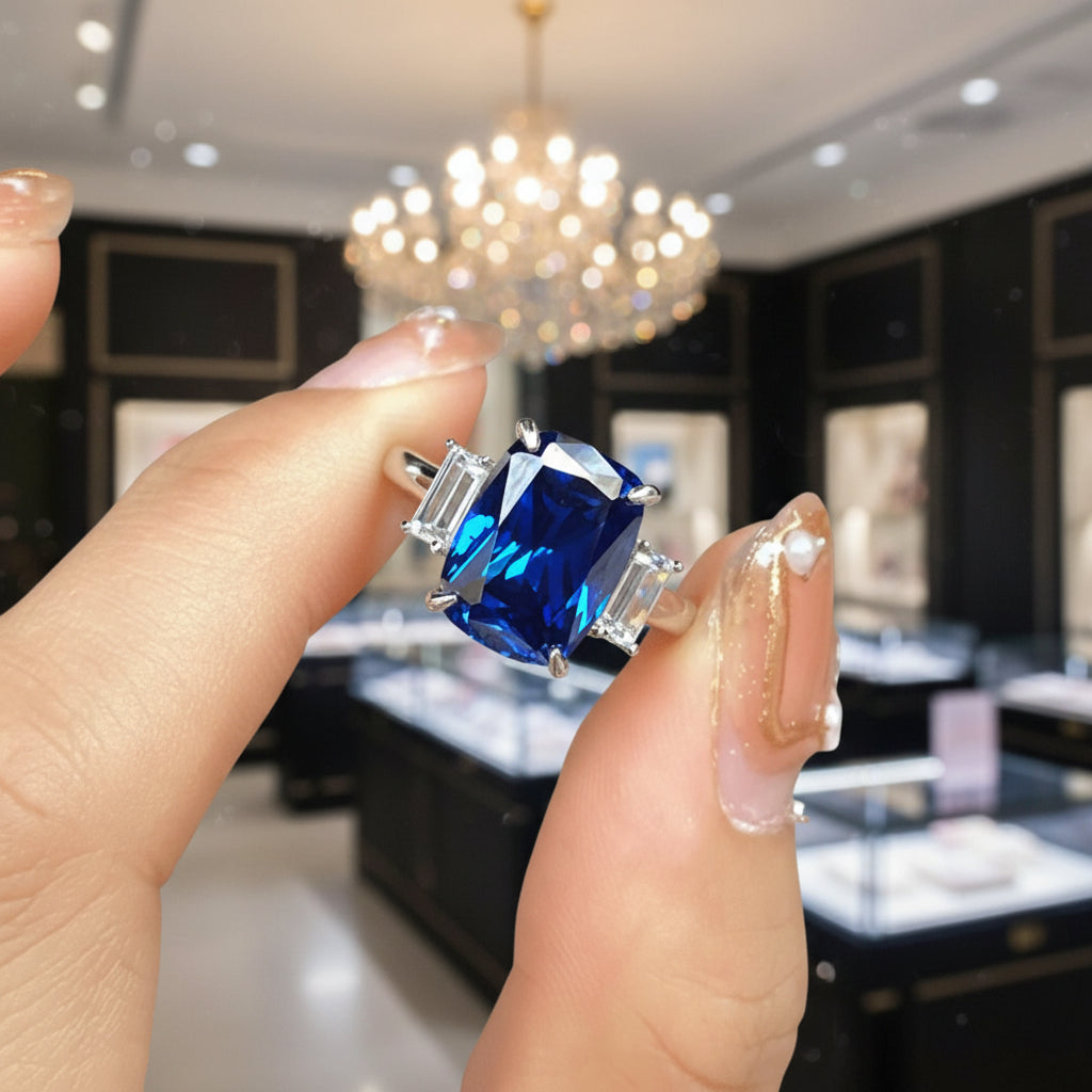 Gorgeous Blue Sapphire Cushion Cut Three Stone Engagement Ring-Black Diamonds New York