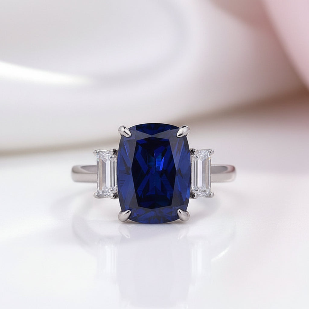Gorgeous Blue Sapphire Cushion Cut Three Stone Engagement Ring-Black Diamonds New York
