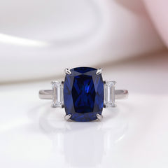 Gorgeous Blue Sapphire Cushion Cut Three Stone Engagement Ring