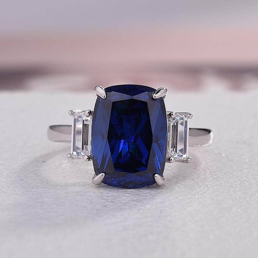 Flash Sale- Gorgeous Blue Sapphire Cushion Cut Three Stone Engagement Ring-Black Diamonds New York