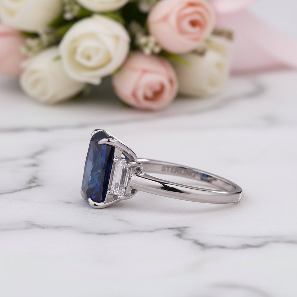 Gorgeous Blue Sapphire Cushion Cut Three Stone Engagement Ring-Black Diamonds New York
