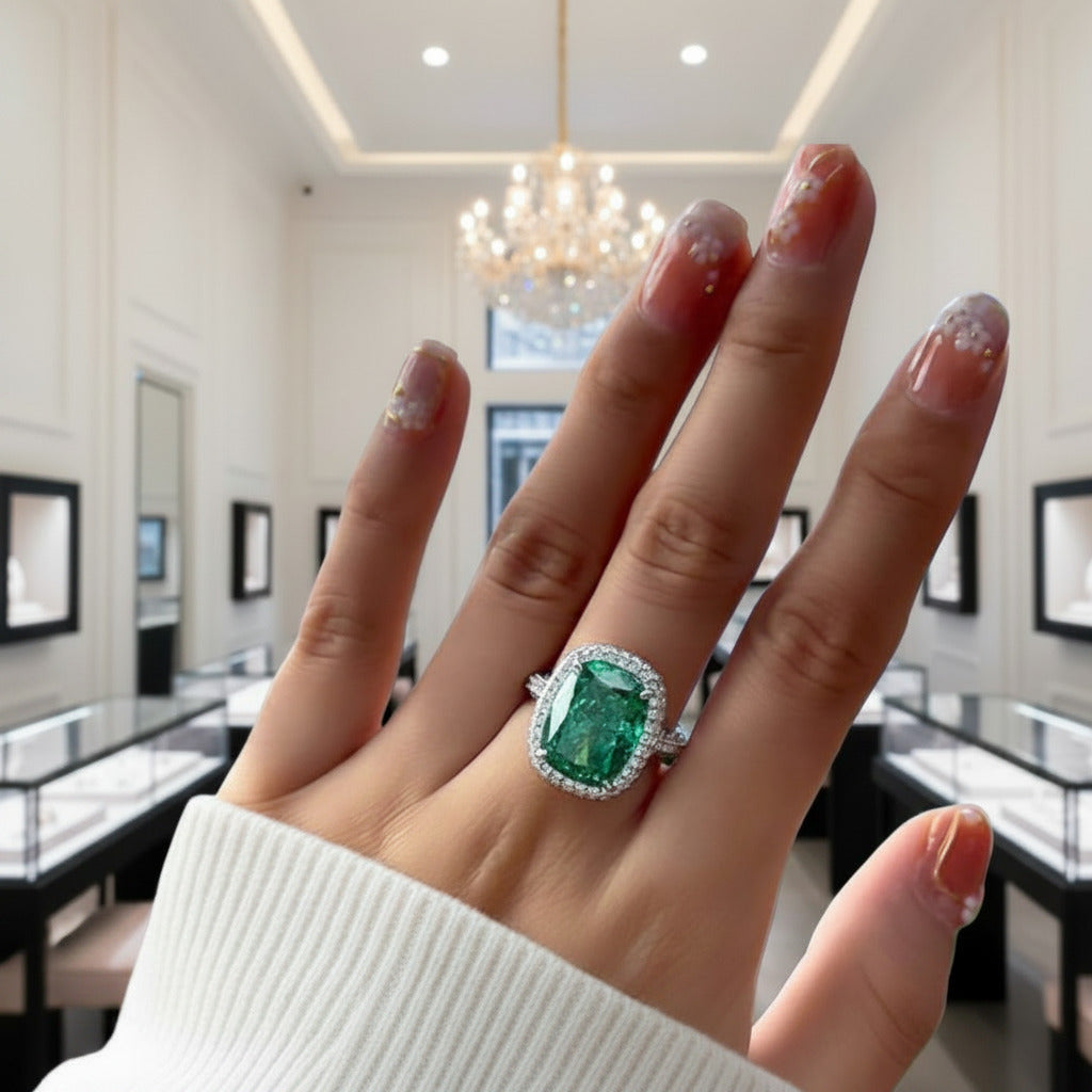 Flash Sale - Gorgeous Halo Cushion Cut Paraiba Green Tourmaline Engagement Ring-Black Diamonds New York