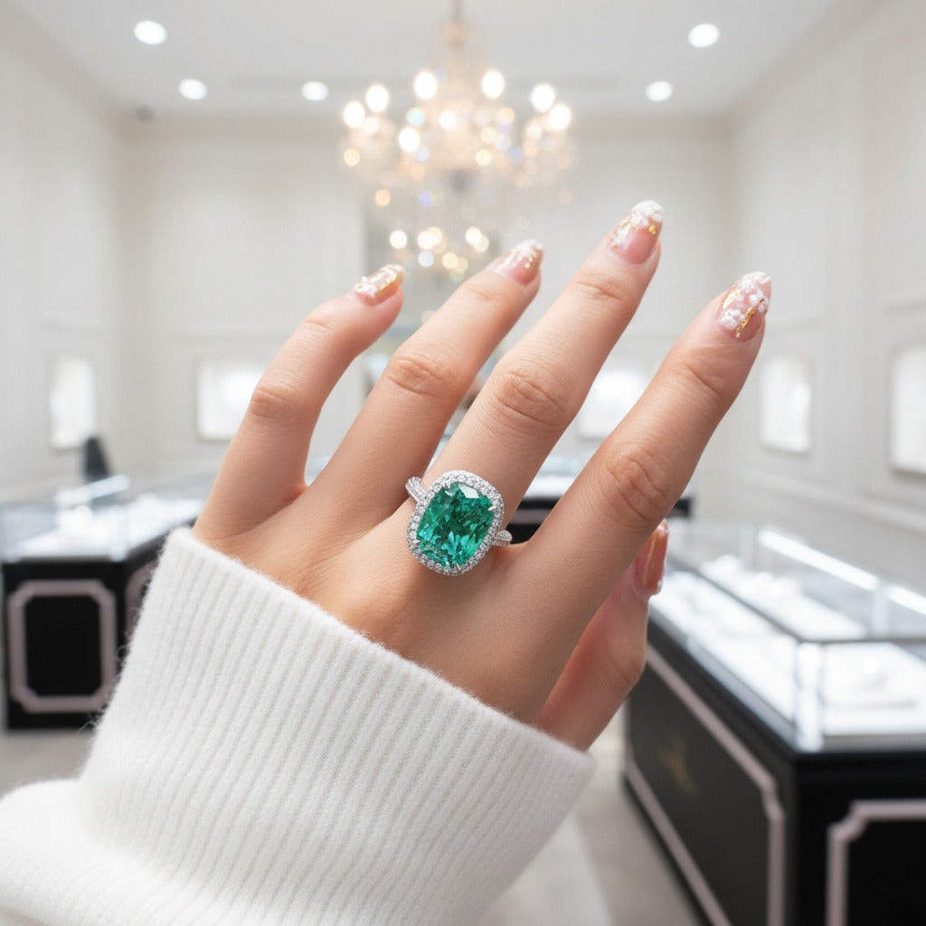Flash Sale - Gorgeous Halo Cushion Cut Paraiba Green Tourmaline Engagement Ring-Black Diamonds New York
