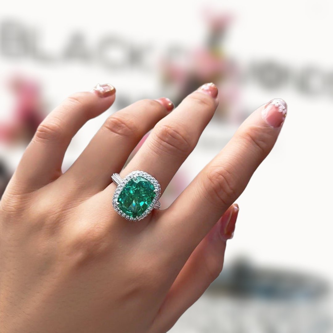 Flash Sale - Gorgeous Halo Cushion Cut Paraiba Green Tourmaline Engagement Ring-Black Diamonds New York