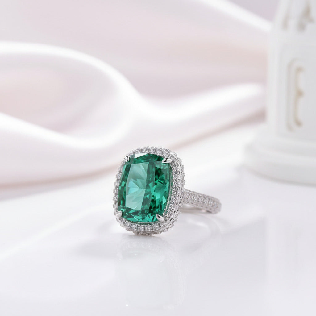 Flash Sale - Gorgeous Halo Cushion Cut Paraiba Green Tourmaline Engagement Ring-Black Diamonds New York