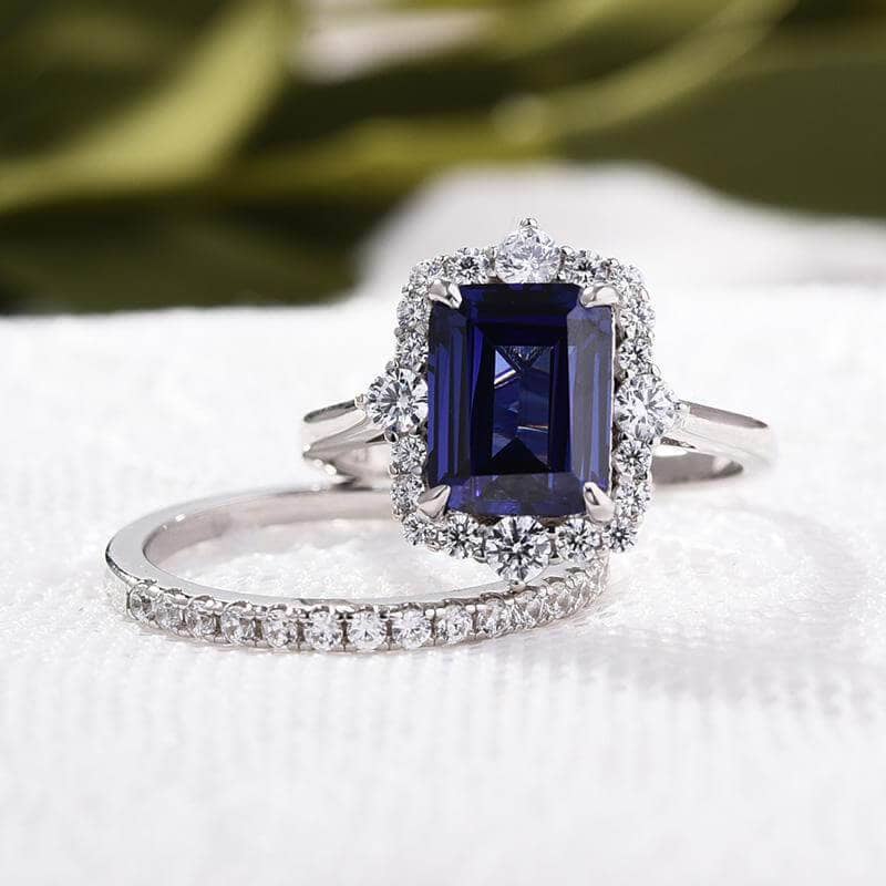 Flash Sale- Halo Blue Sapphire Emerald Cut Wedding Ring Set - Black Diamonds New York