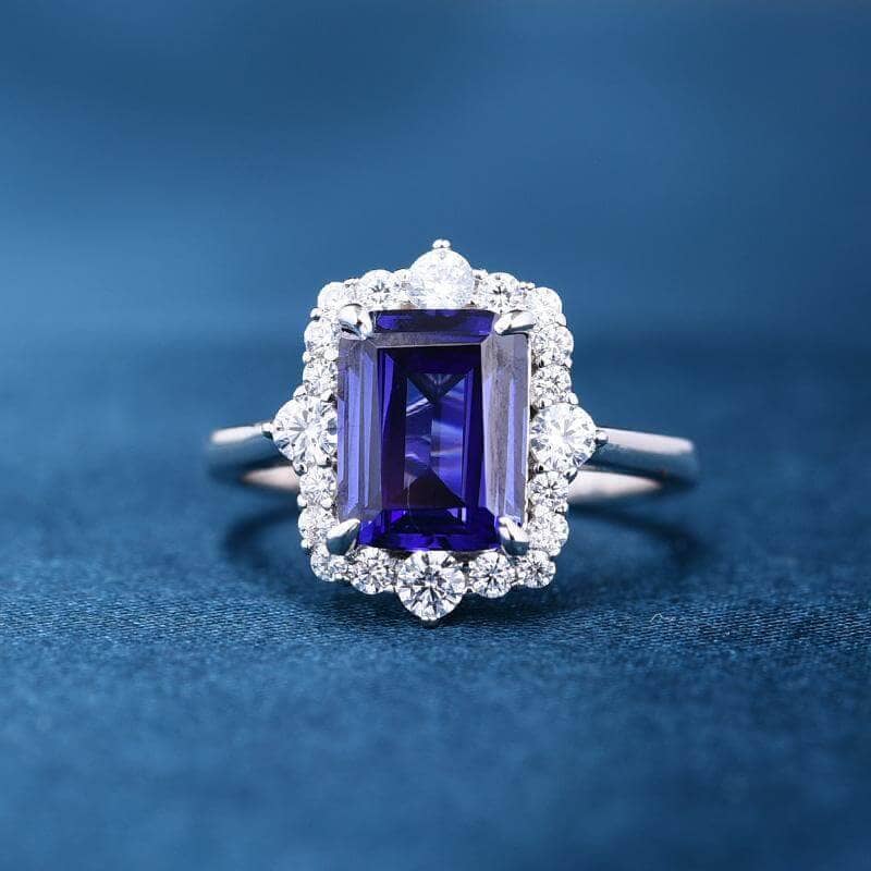 Flash Sale- Halo Blue Sapphire Emerald Cut Wedding Ring Set-Black Diamonds New York