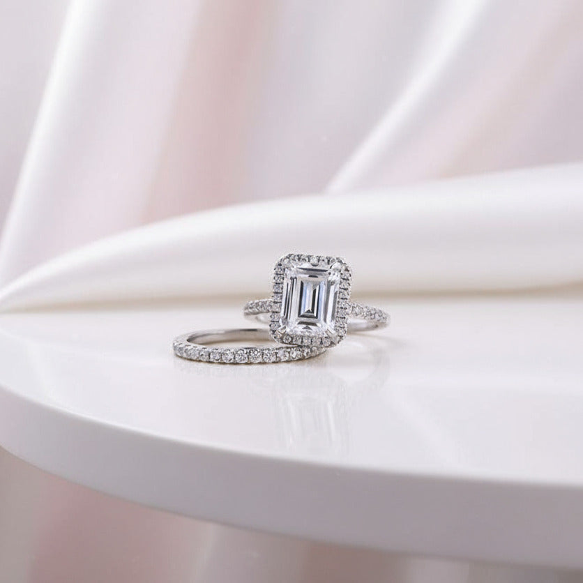 Halo Emerald Cut Simulated Diamonds Wedding Ring Set-Black Diamonds New York
