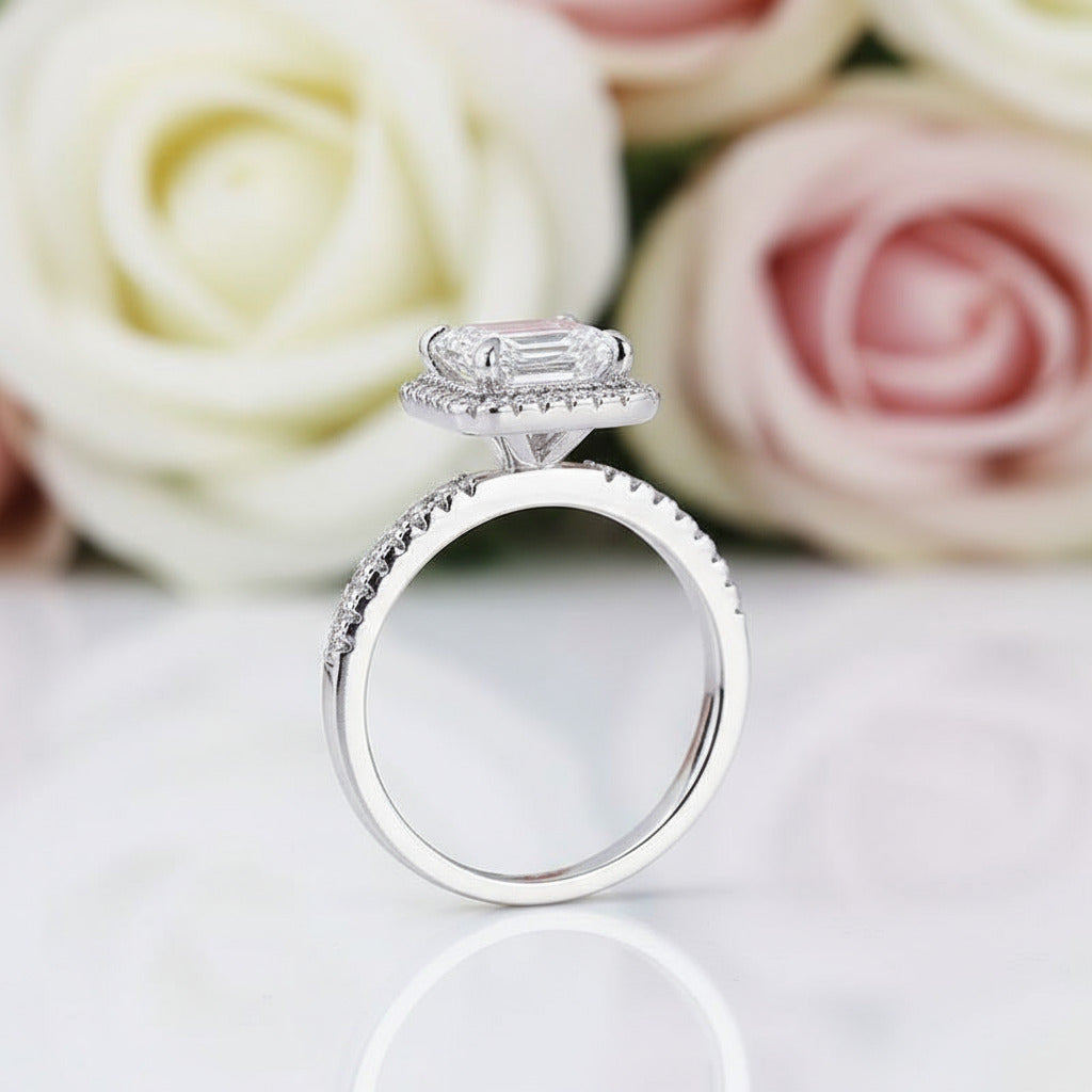 Halo Emerald Cut Simulated Diamonds Wedding Ring Set-Black Diamonds New York