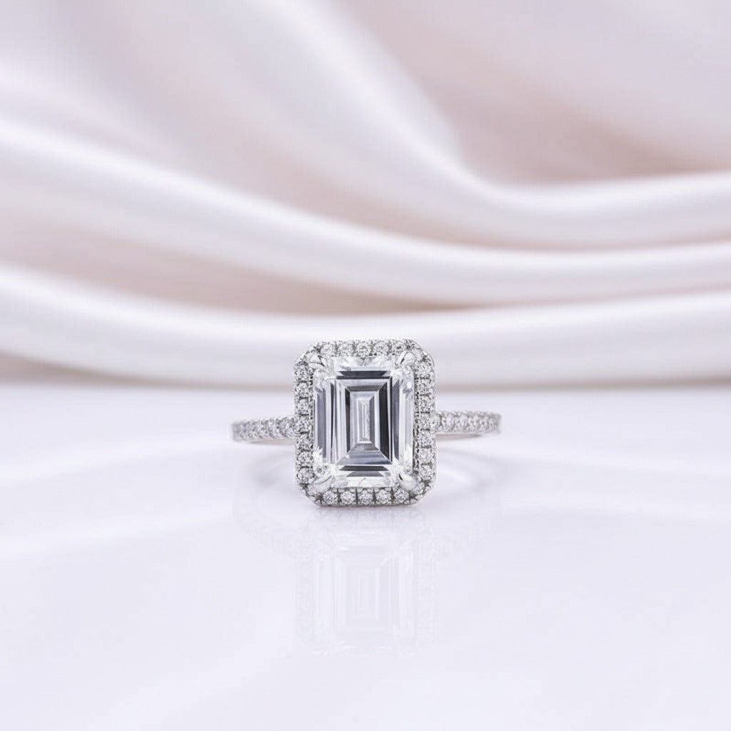 Halo Emerald Cut Simulated Diamonds Wedding Ring Set-Black Diamonds New York