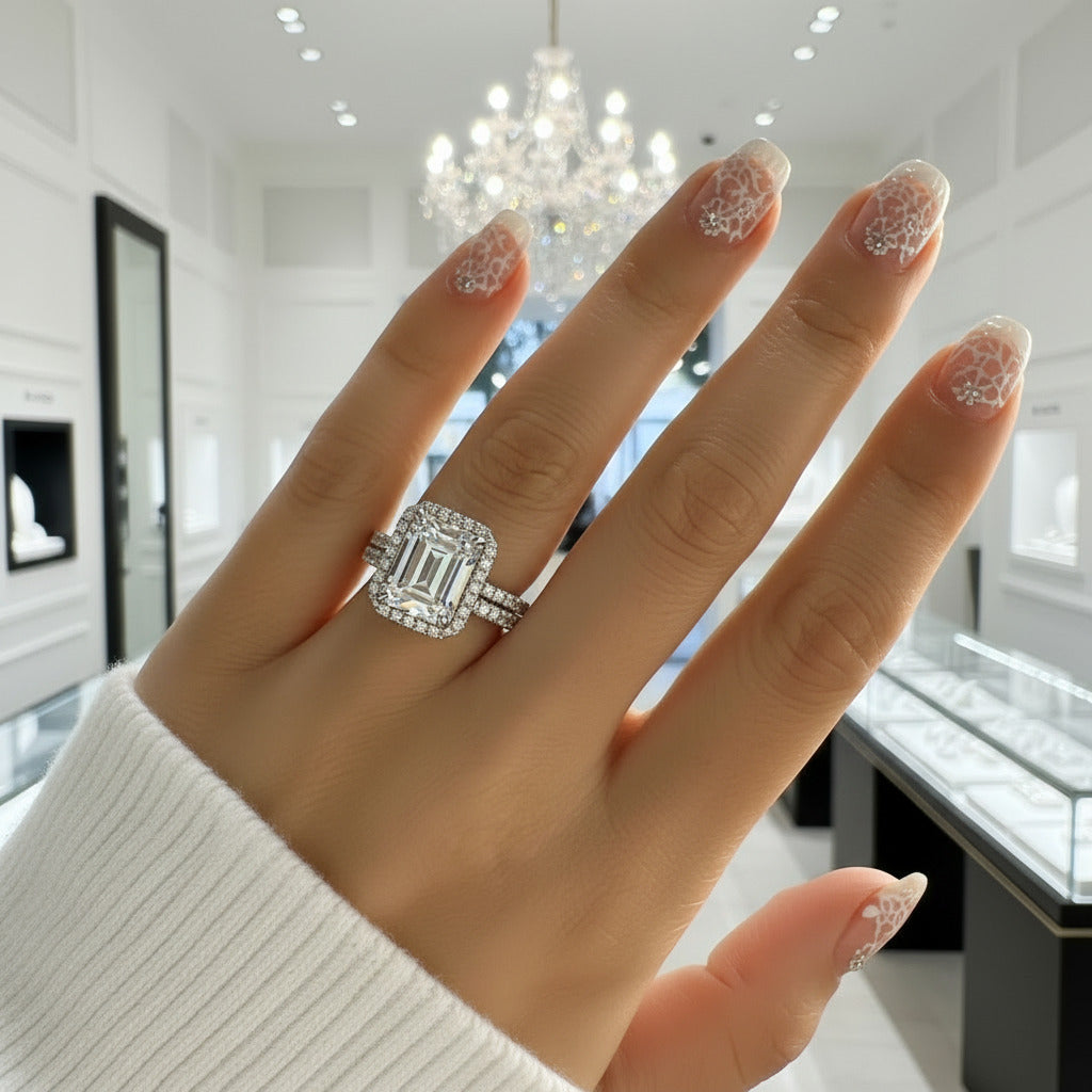 Halo Emerald Cut Simulated Diamond Options Wedding Ring Set-Black Diamonds New York