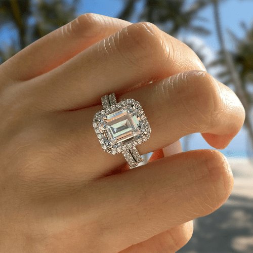 Flash Sale- Halo Emerald Cut Sona Simulated Diamonds Wedding Ring Set - Black Diamonds New York