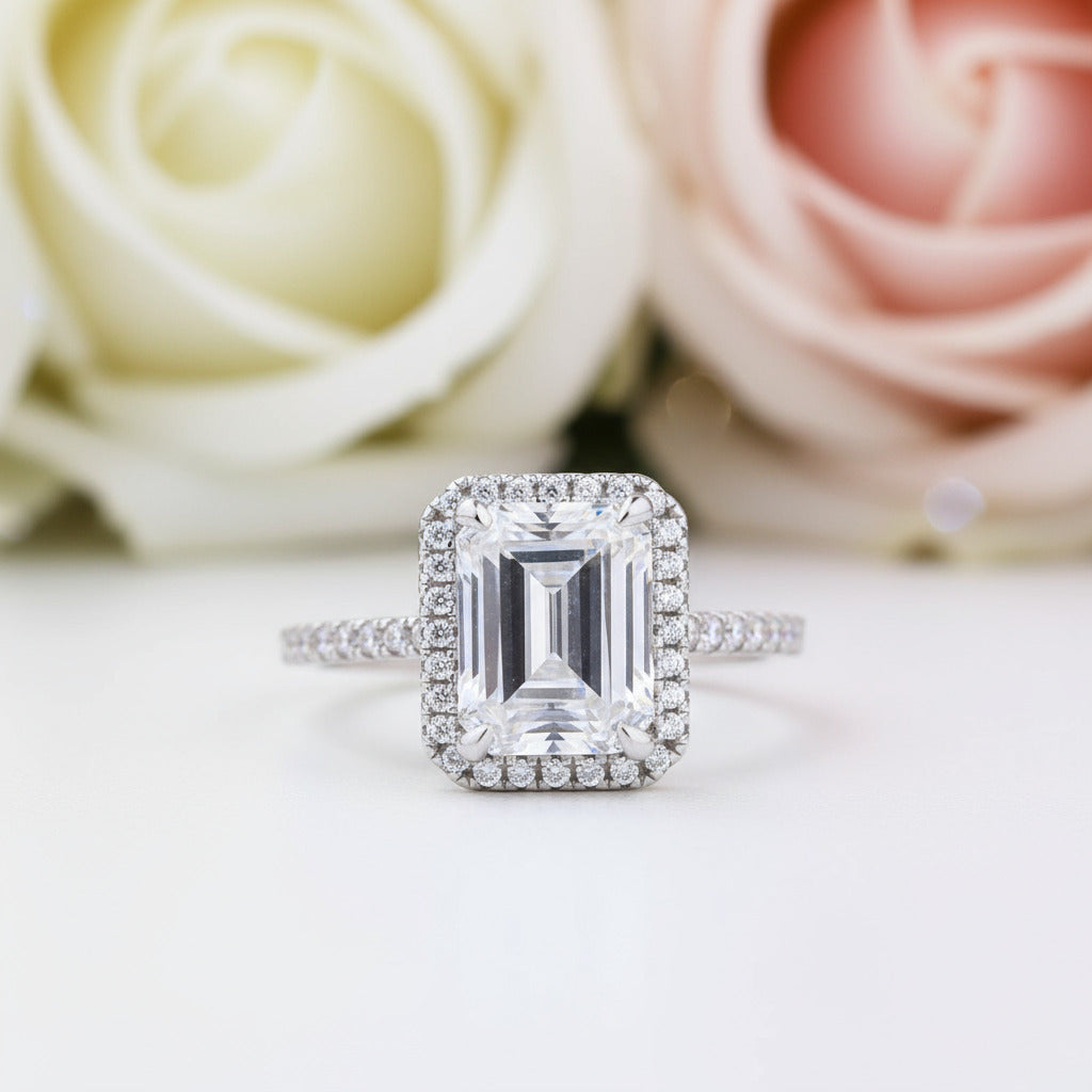 Halo Emerald Cut Simulated Diamonds Wedding Ring Set-Black Diamonds New York