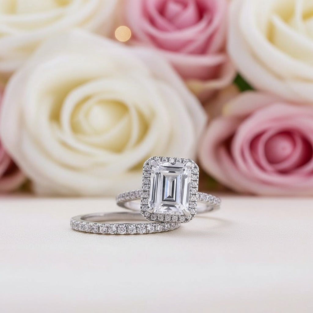 Halo Emerald Cut Simulated Diamonds Wedding Ring Set-Black Diamonds New York