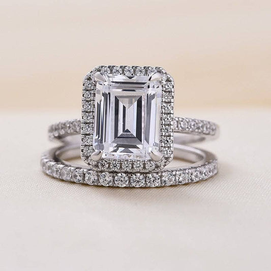 Flash Sale- Halo Emerald Cut Simulated Diamonds Wedding Ring Set-Black Diamonds New York