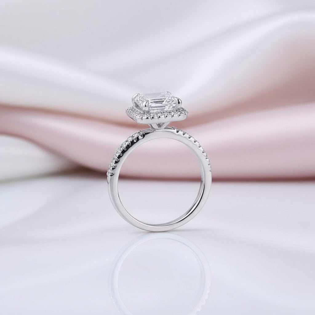 Halo Emerald Cut Simulated Diamonds Wedding Ring Set-Black Diamonds New York