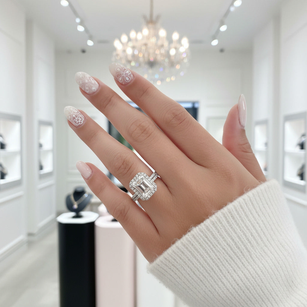 Halo Emerald Cut Simulated Diamond Options Wedding Ring Set-Black Diamonds New York