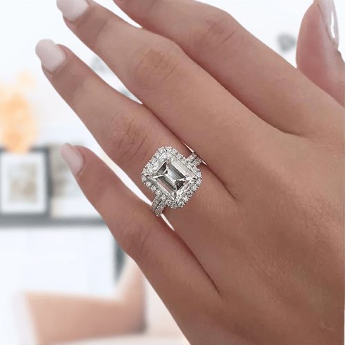 Flash Sale- Halo Emerald Cut Sona Simulated Diamonds Wedding Ring Set - Black Diamonds New York