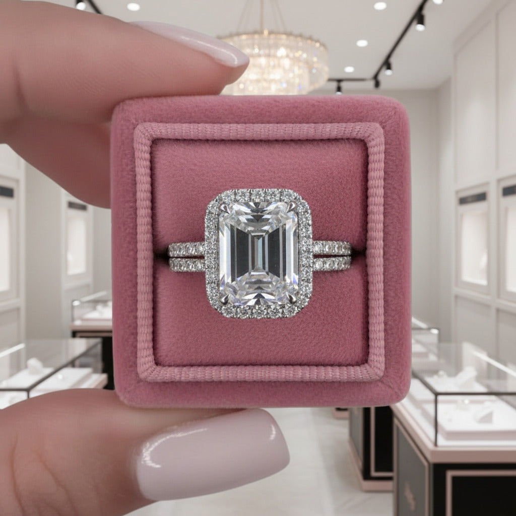 Halo Emerald Cut Simulated Diamond Options Wedding Ring Set-Black Diamonds New York