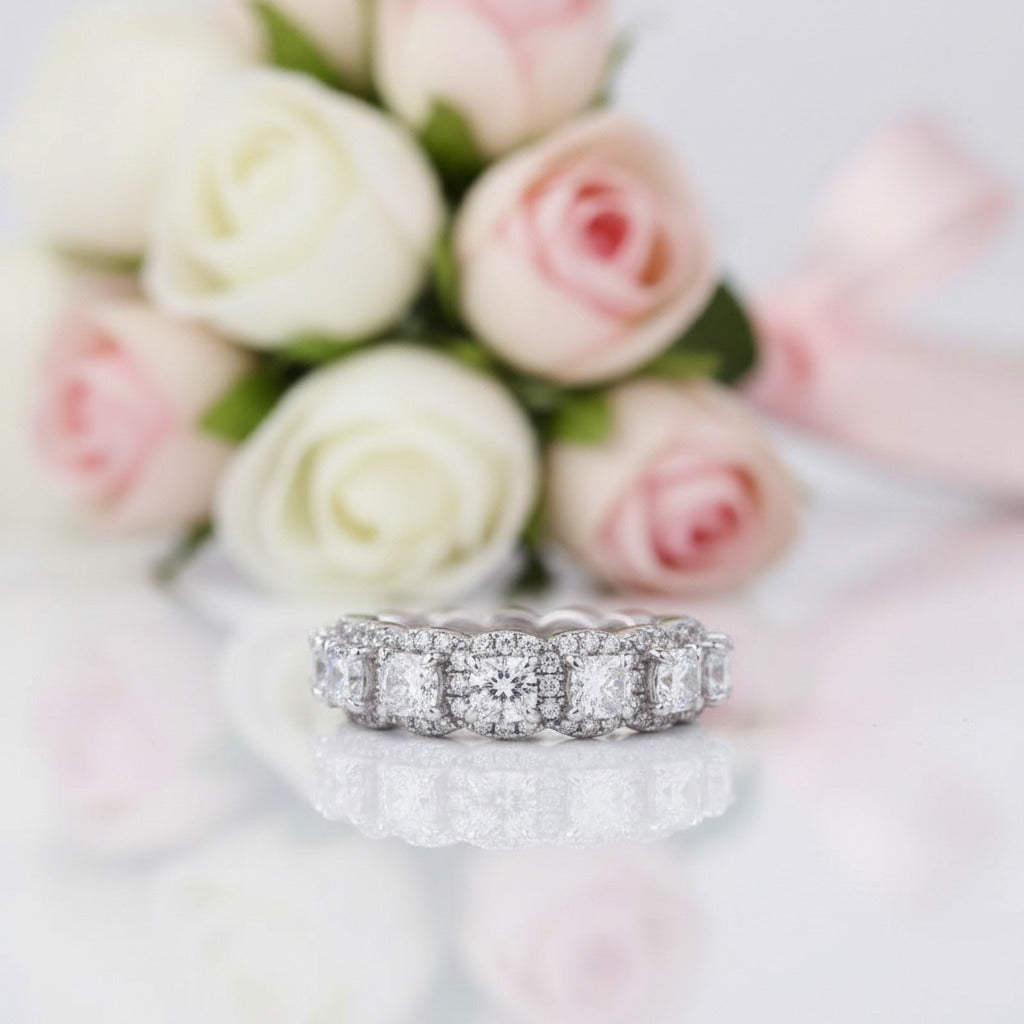 Halo Six Cushion Cut Diamond Option Wedding Band Ring-Black Diamonds New York