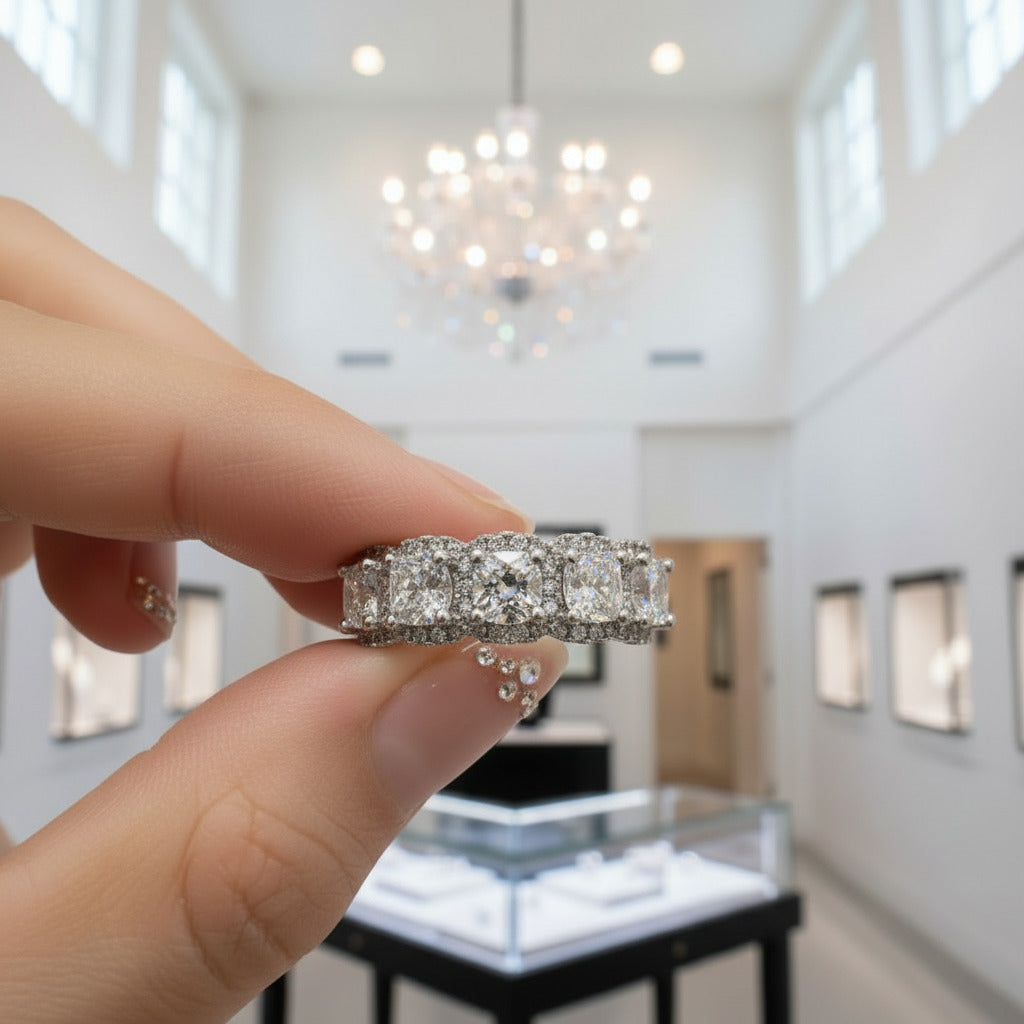 Halo Six Cushion Cut Diamond Option Wedding Band Ring-Black Diamonds New York
