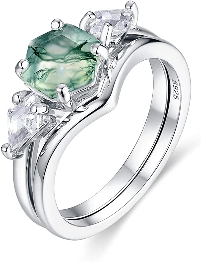 Flash Sale- Hexagon Natural Moss Agate Engagement Ring Set-Black Diamonds New York