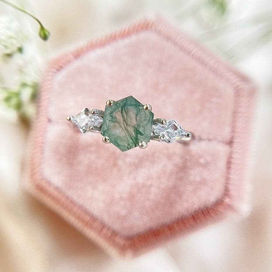 Hexagon Natural Moss Agate Engagement Ring Set-Black Diamonds New York