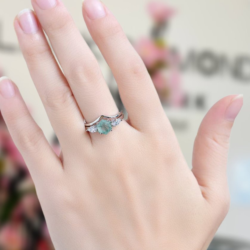 Flash Sale- Hexagon Natural Moss Agate Engagement Ring Set - Black Diamonds New York