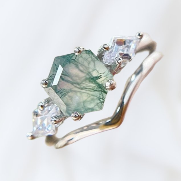 Flash Sale- Hexagon Natural Moss Agate Engagement Ring Set-Black Diamonds New York