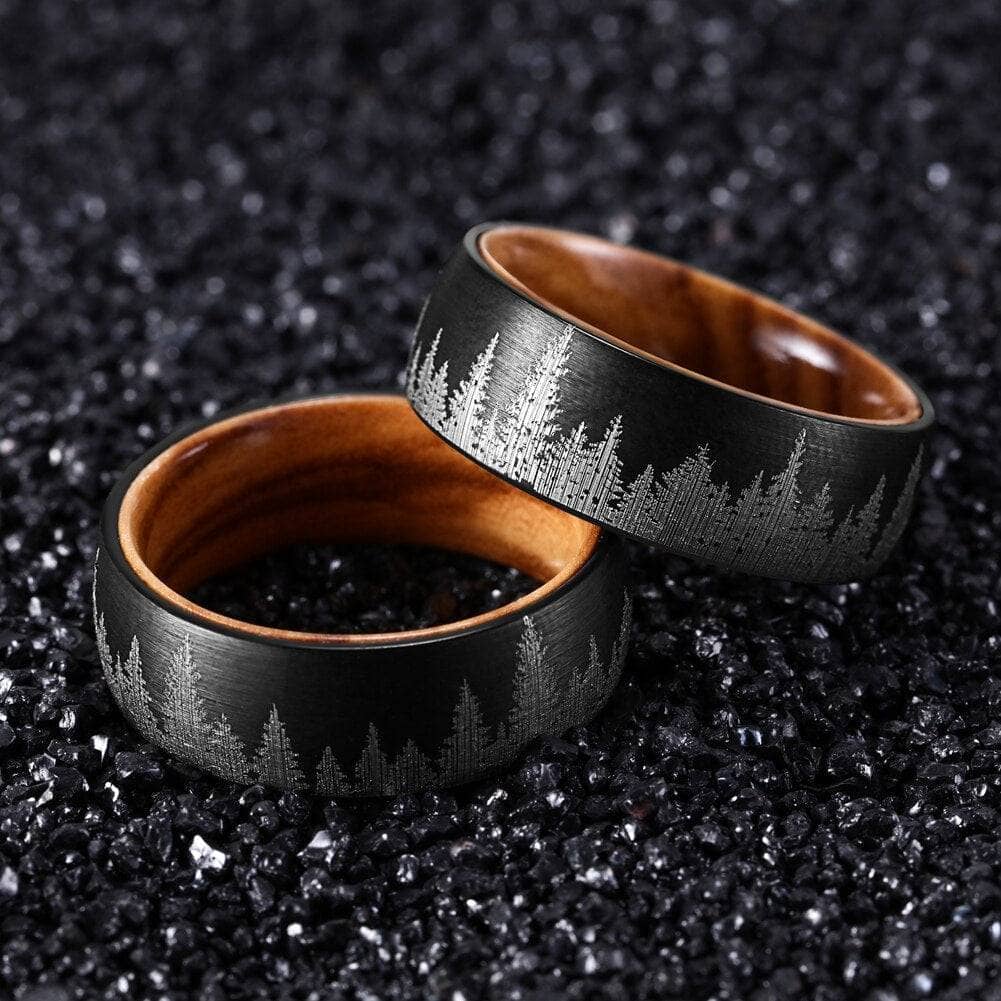 Flash Sale- Laser Forest Pattern 8mm Tungsten With Solid Inner Wood Band - Black Diamonds New York