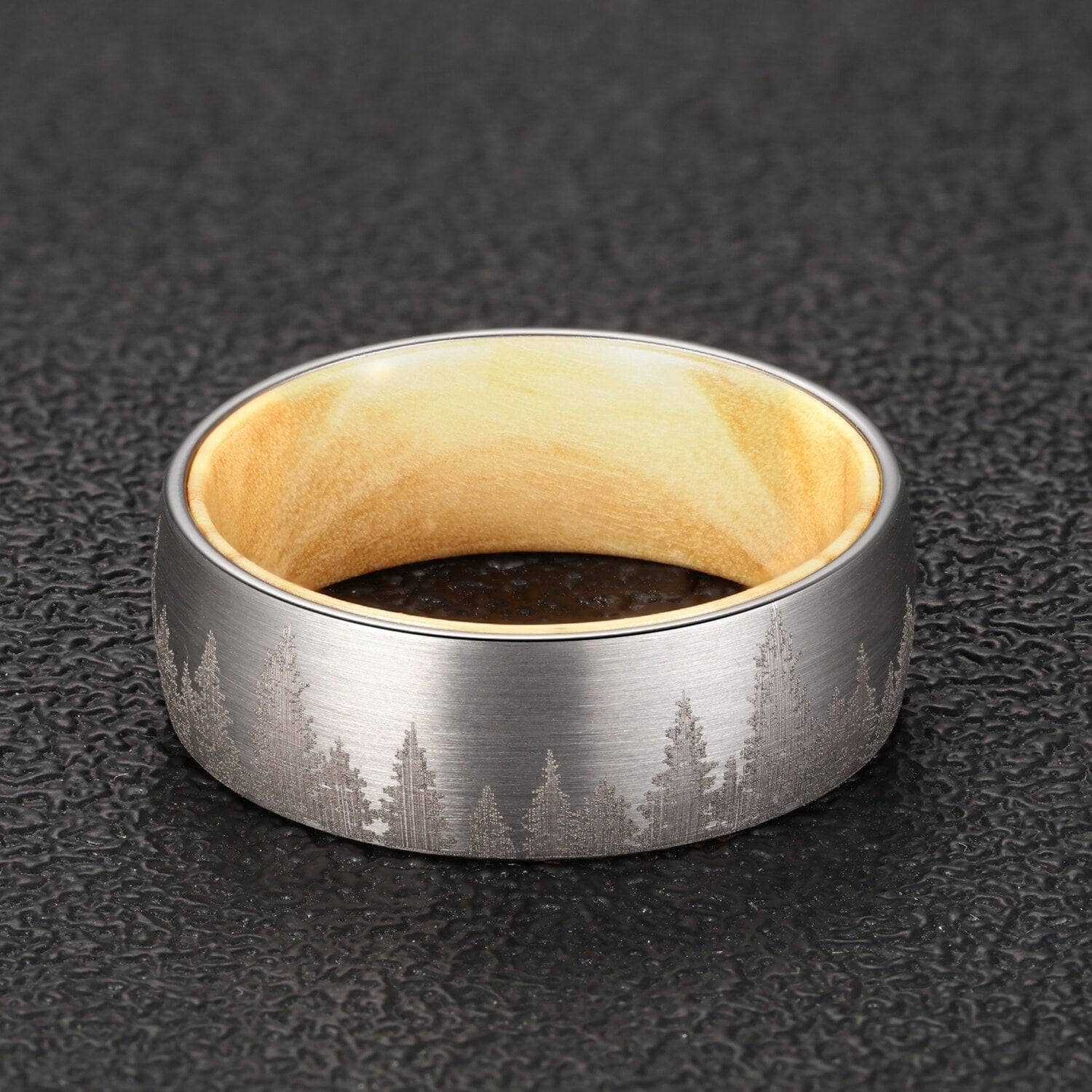 Flash Sale- Laser Forest Pattern 8mm Tungsten With Solid Inner Wood Band-Black Diamonds New York