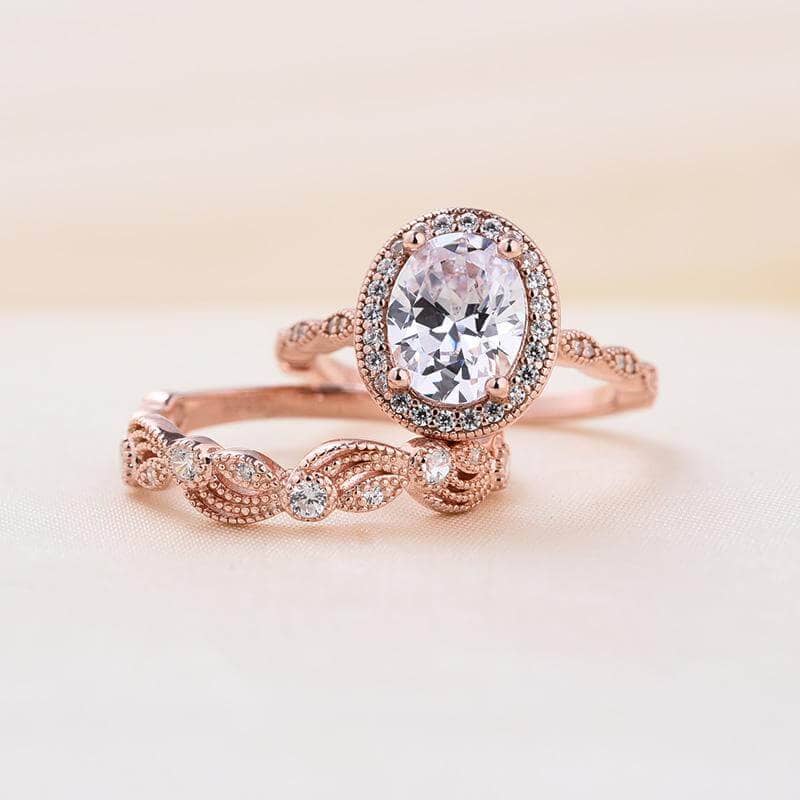 Flash Sale- Oval Cut Clear Stone Halo Wedding Ring Set in Rose Gold-Black Diamonds New York