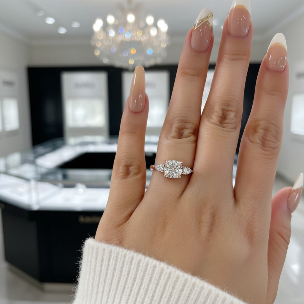 Rose Gold 2.0ct Cushion Cut Three Stone Diamond Option Engagement Ring-Black Diamonds New York