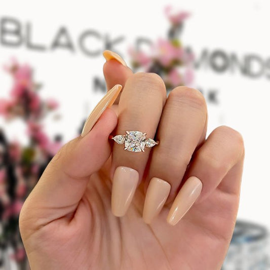 Flash Sale- Rose Gold 2.0ct Cushion Cut Three Stone Moissanite Engagement Ring-Black Diamonds New York