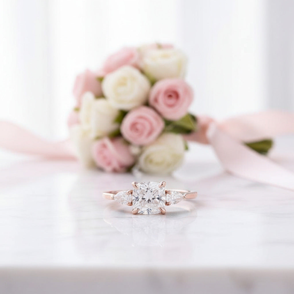 Rose Gold 2.0ct Cushion Cut Three Stone Diamond Option Engagement Ring-Black Diamonds New York
