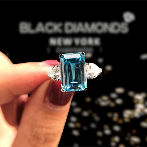 Flash Sale- Sky Blue Simulated Diamond in Emerald Cut Three Stone Engagement Ring-Black Diamonds New York