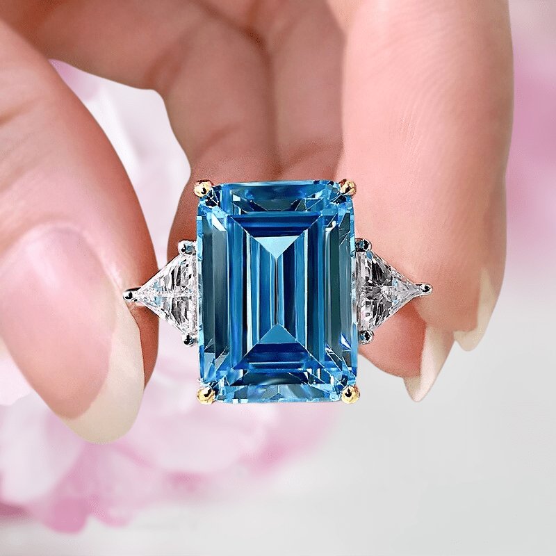 Flash Sale- Sky Blue Simulated Diamond in Emerald Cut Three Stone Engagement Ring - Black Diamonds New York