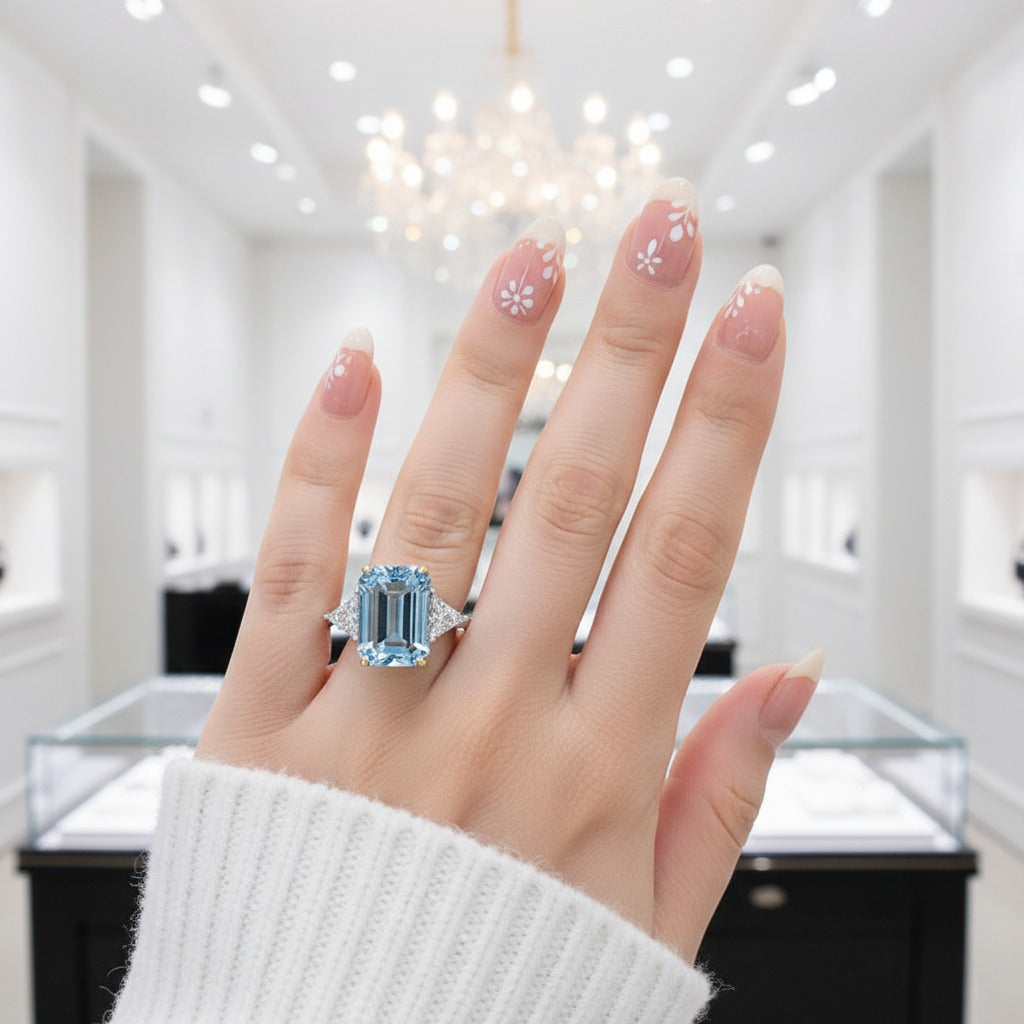Sky Blue Simulated Diamond Option in Emerald Cut Three Stone Engagement Ring-Black Diamonds New York