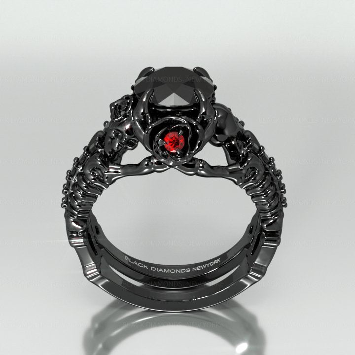 Flash Sale- Together Forever- 1.25 Carat Black Moissanite Gothic Ring Set-Black Diamonds New York
