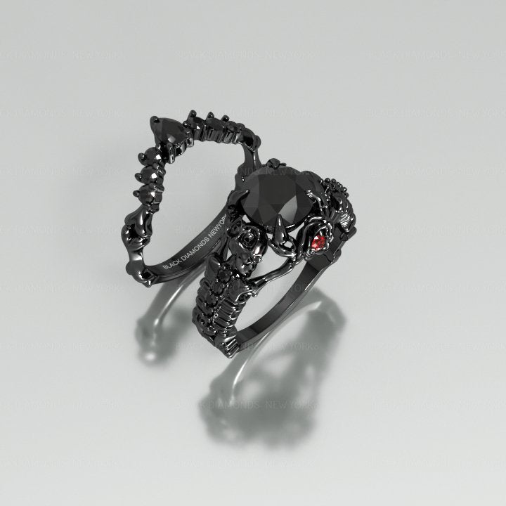 Flash Sale- Together Forever- 1.25 Carat Black Moissanite Gothic Ring Set-Black Diamonds New York