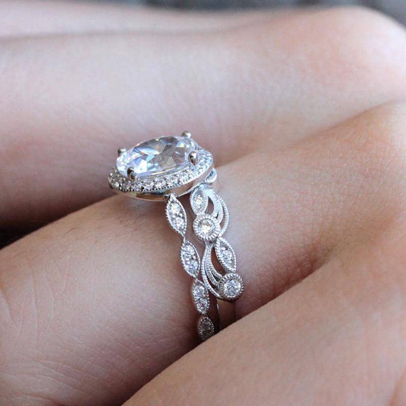 Flash Sale- Vintage Art Deco Oval Cut Wedding Ring Set-Black Diamonds New York
