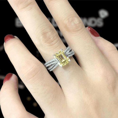 Flash Sale- White Gold Simulated Yellow Sapphire 3.0ct Emerald Cut Engagement Ring - Black Diamonds New York