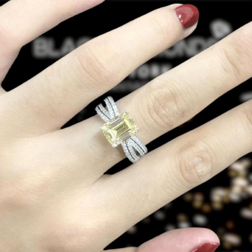 Flash Sale- White Gold Simulated Yellow Sapphire 3.0ct Emerald Cut Engagement Ring-Black Diamonds New York