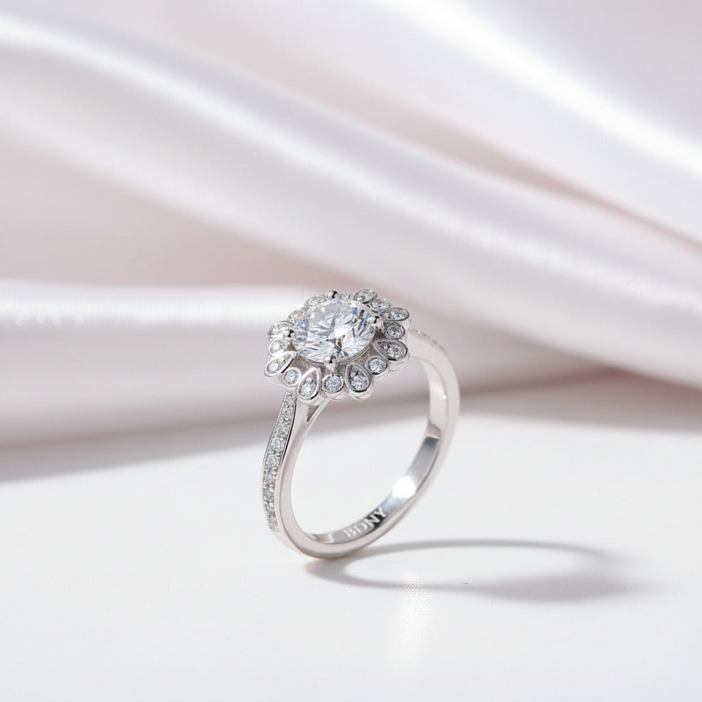 White Gold Sunflower 1.2ct Diamond Option Halo Engagement Ring-Black Diamonds New York