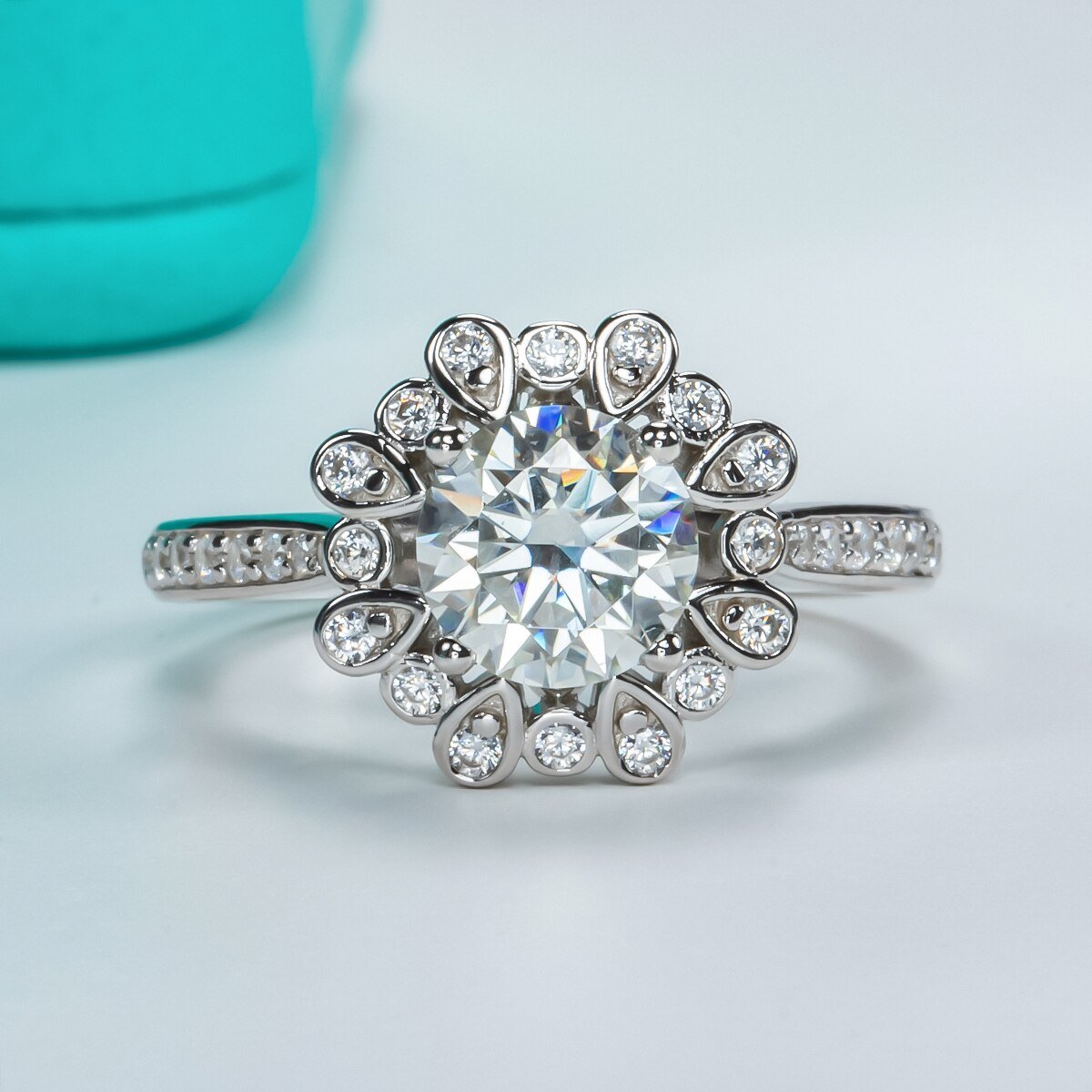 Flash Sale- White Gold Sunflower 1.2ct Certified Moissanite Halo Engagement Ring-Black Diamonds New York