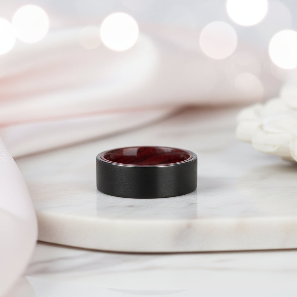 Flat Black Tungsten Wedding Band with Inner Red Sandalwood-Black Diamonds New York