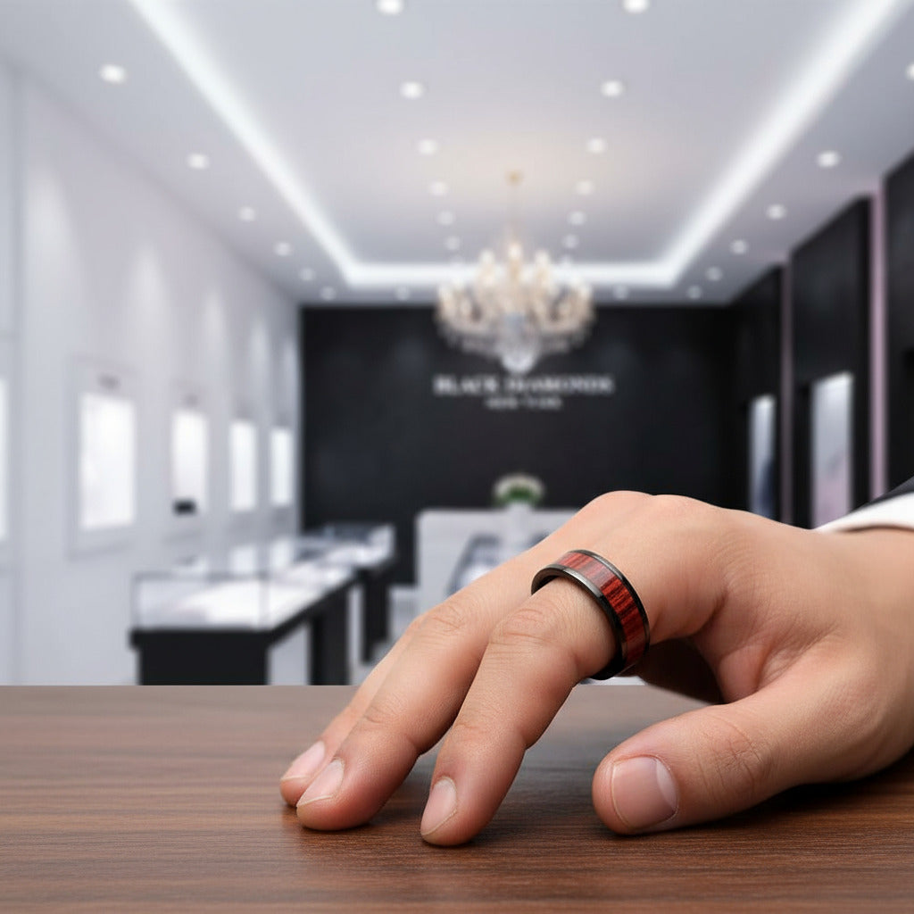 Flat Vintage Wooden Titanium Wedding Band-Black Diamonds New York
