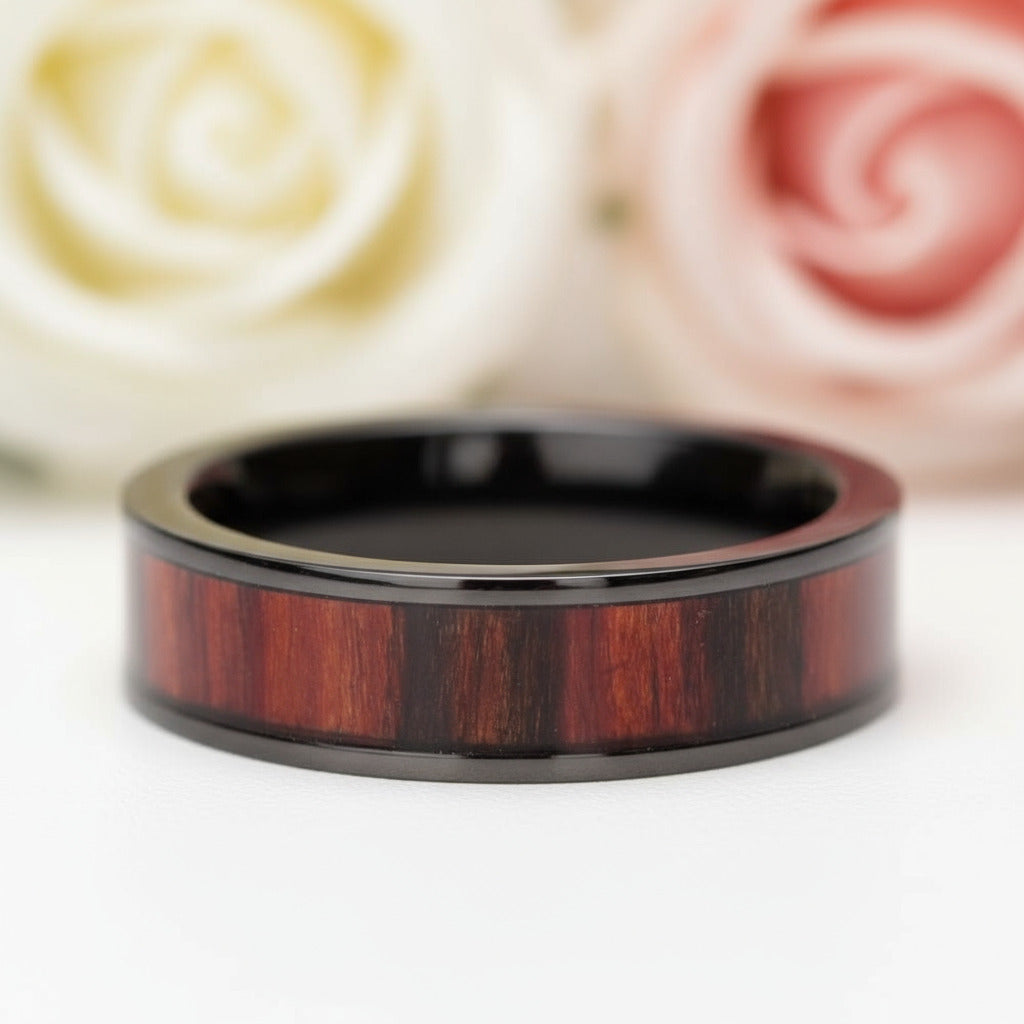 Flat Vintage Wooden Titanium Wedding Band-Black Diamonds New York