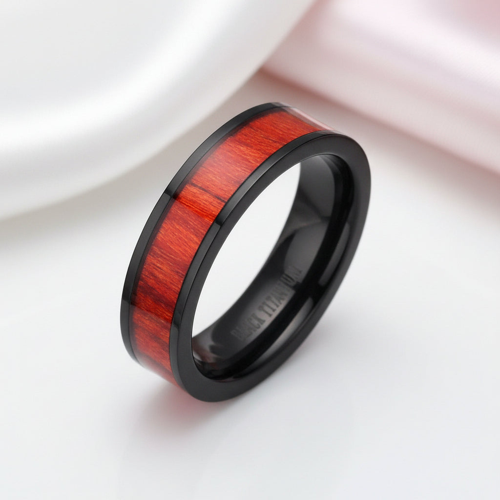 Flat Vintage Wooden Titanium Wedding Band-Black Diamonds New York