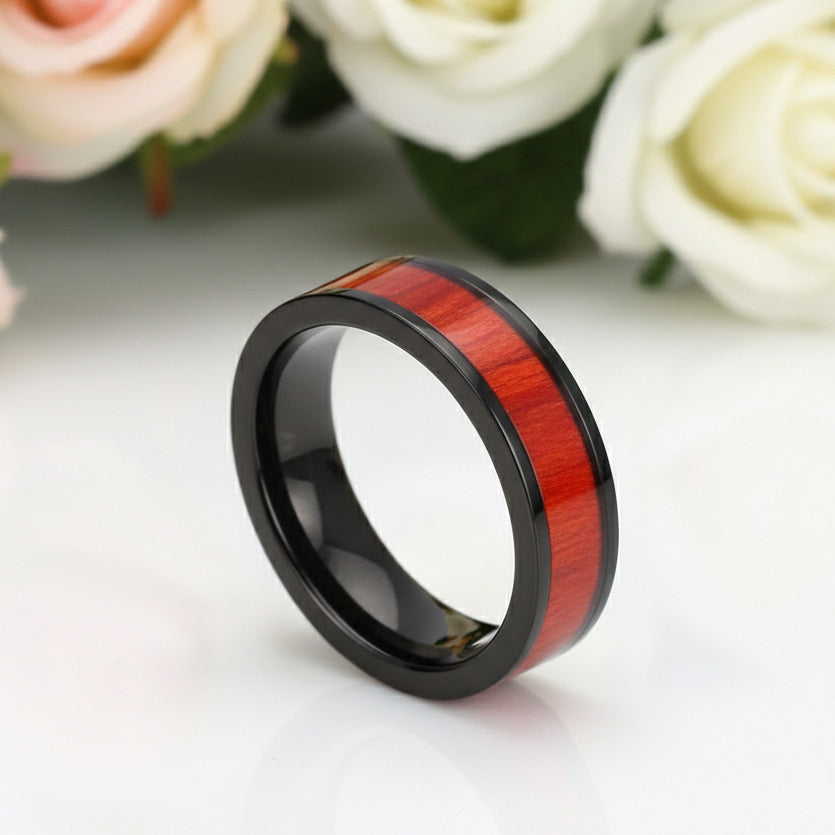 Flat Vintage Wooden Titanium Wedding Band-Black Diamonds New York